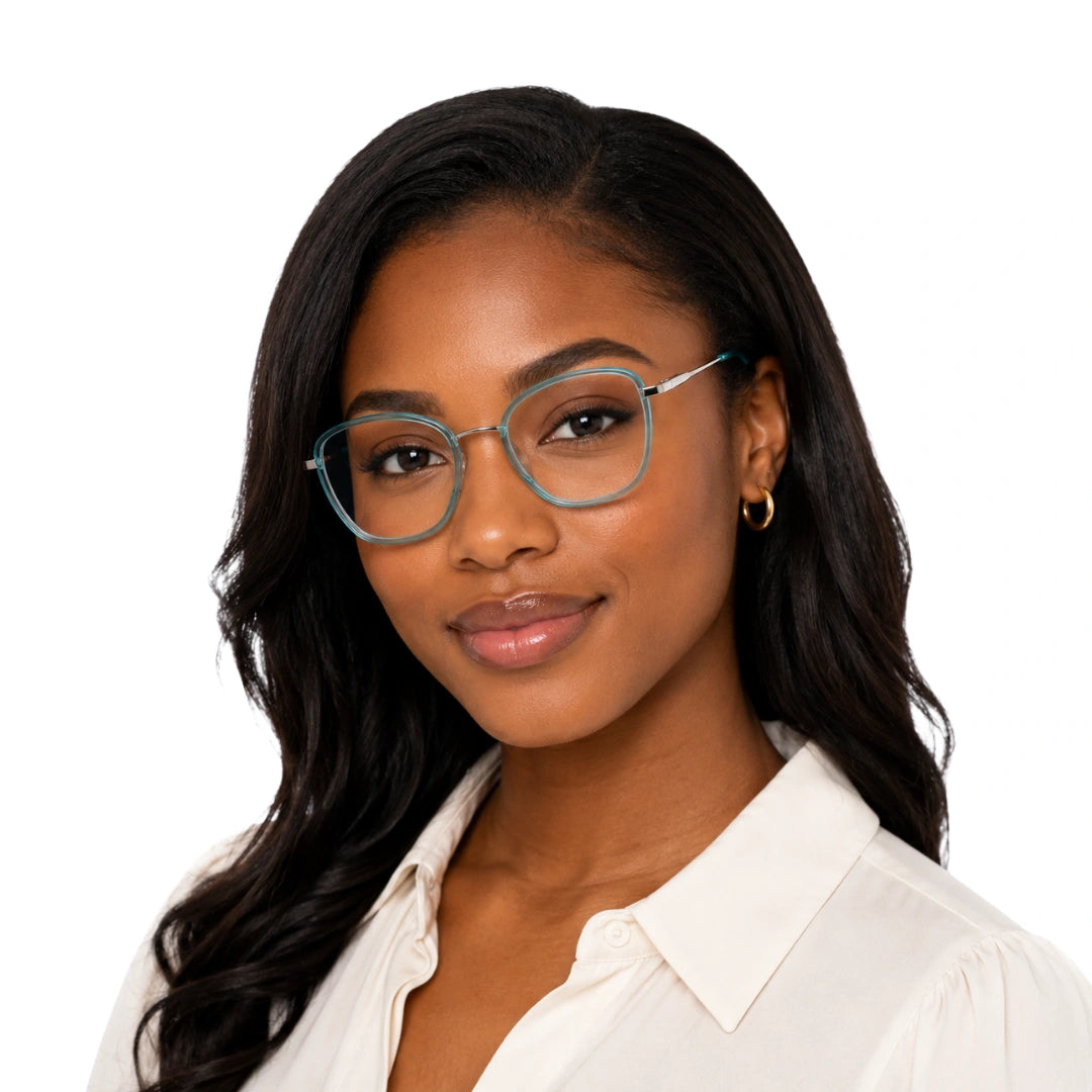 Woman wearing College Fashion 66109 modern square prescription eyeglasses in blue, front view