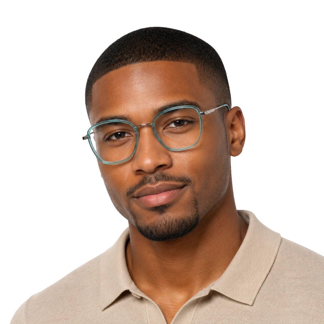 Man wearing College Fashion 66109 modern square prescription eyeglasses in blue, front view