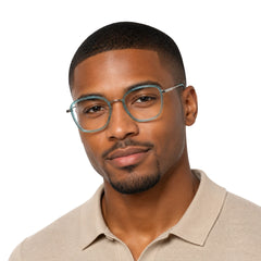Man wearing College Fashion 66109 modern square prescription eyeglasses in blue, front view