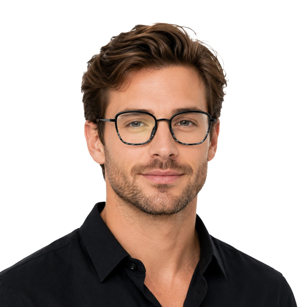Man wearing College Fashion 66109 modern square prescription eyeglasses in gradient black