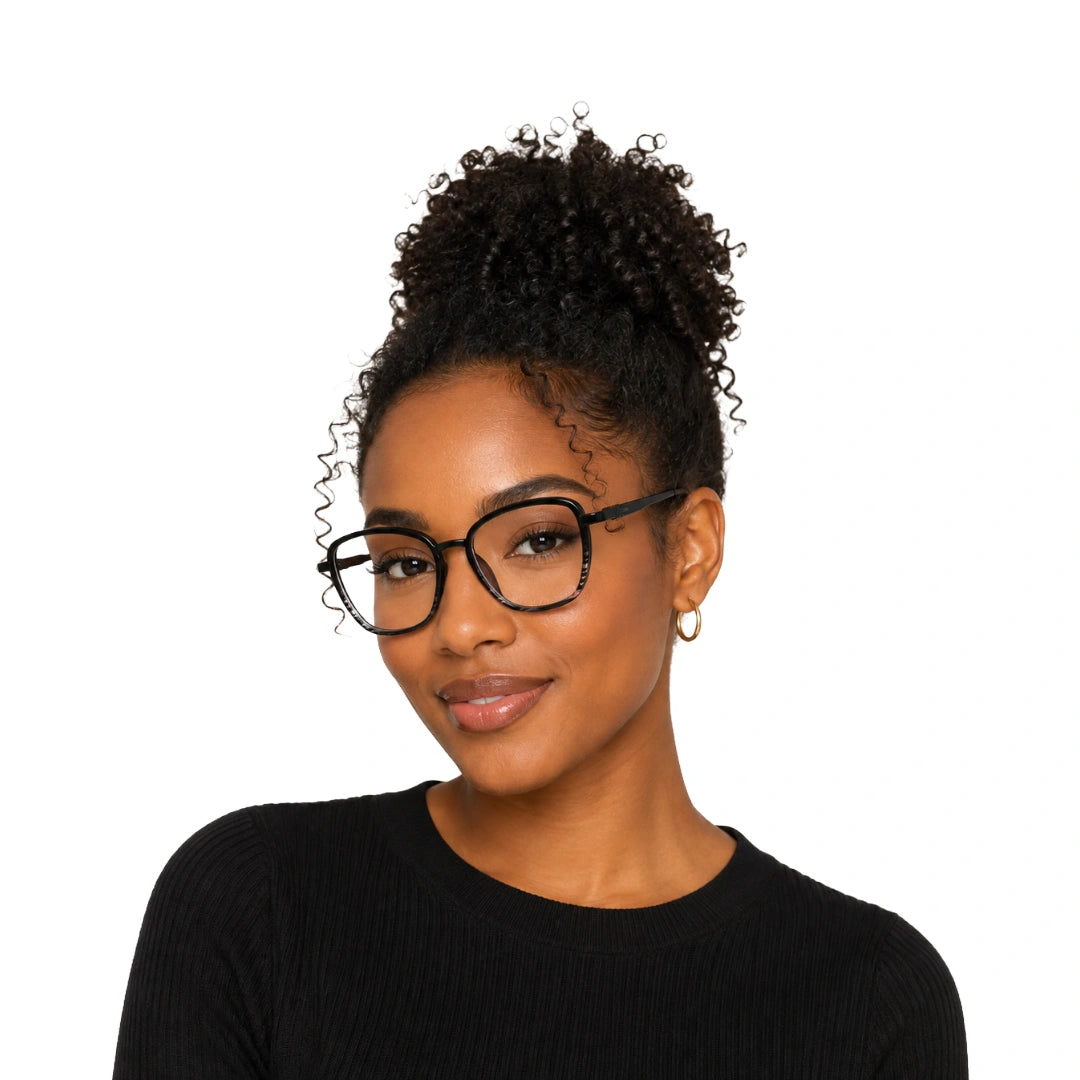 Woman wearing College Fashion 66109 modern square prescription eyeglasses in gradient black, front view