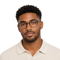 Man wearing College Fashion 66109 modern square prescription eyeglasses in gradient black, front view