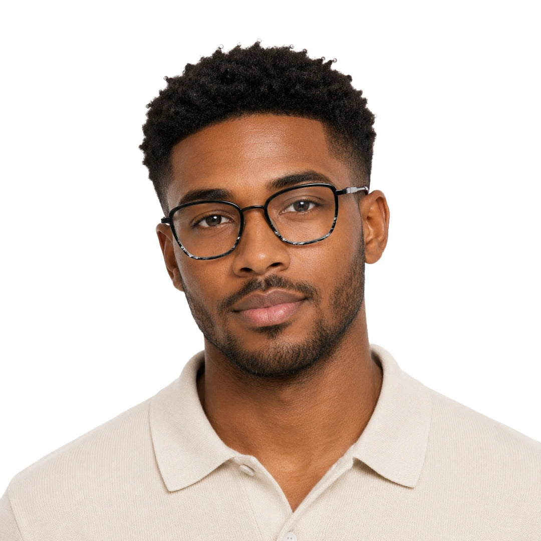 Man wearing College Fashion 66109 modern square prescription eyeglasses in gradient black, front view