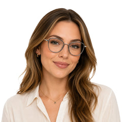 Woman wearing College Fashion 66109 modern square prescription eyeglasses in grey