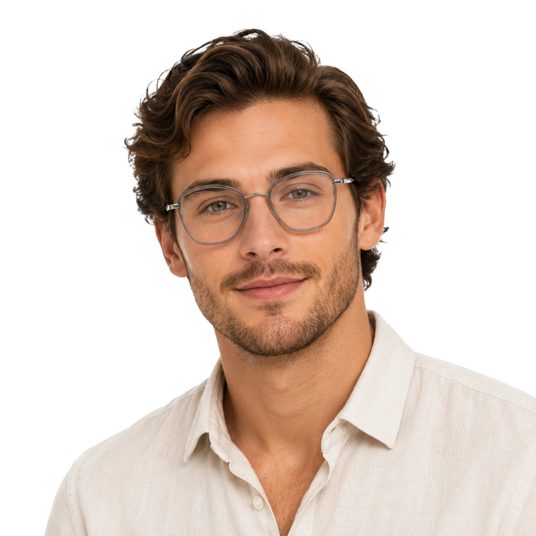 Man wearing College Fashion 66109 modern square prescription eyeglasses in grey
