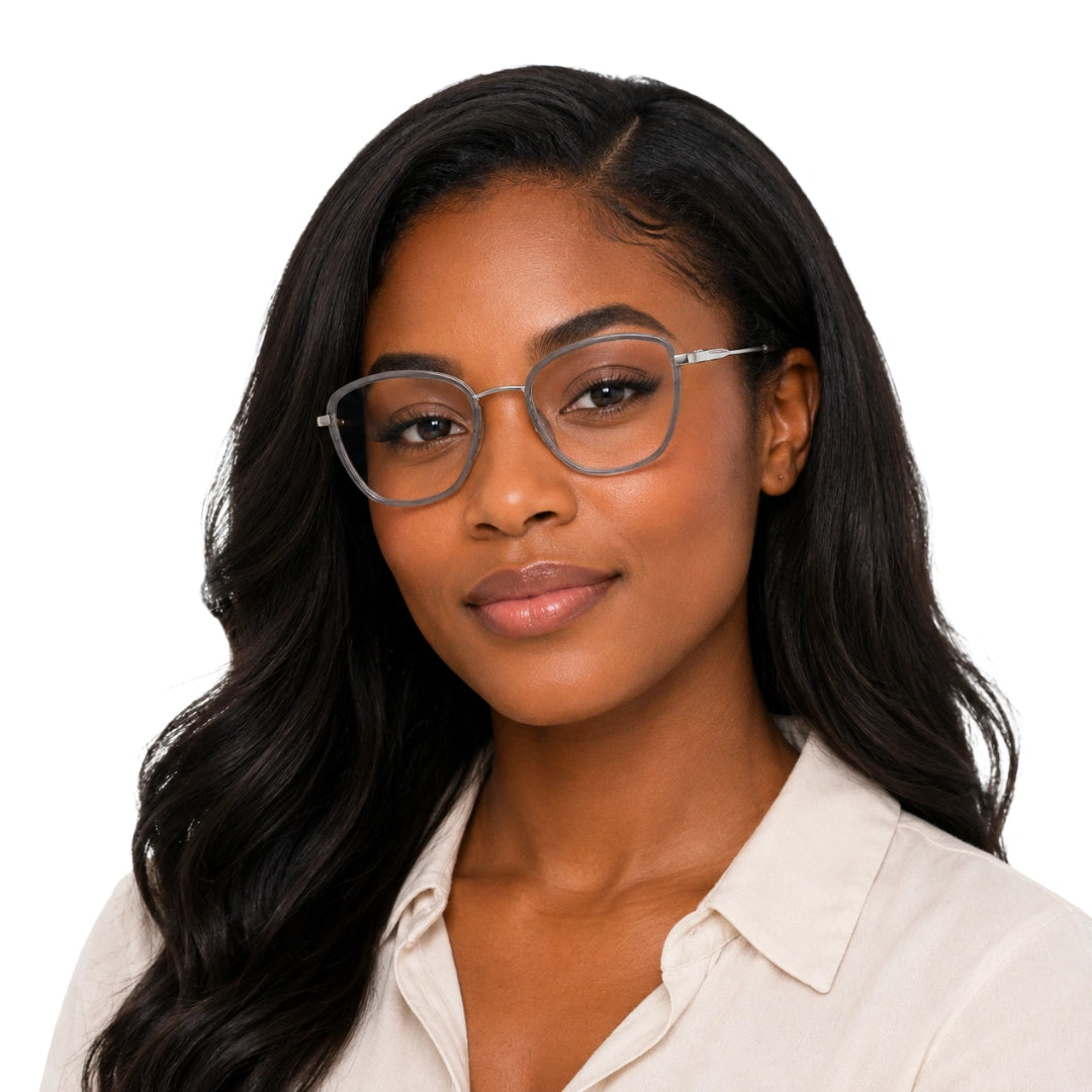 Woman wearing College Fashion 66109 modern square prescription eyeglasses in grey, front view