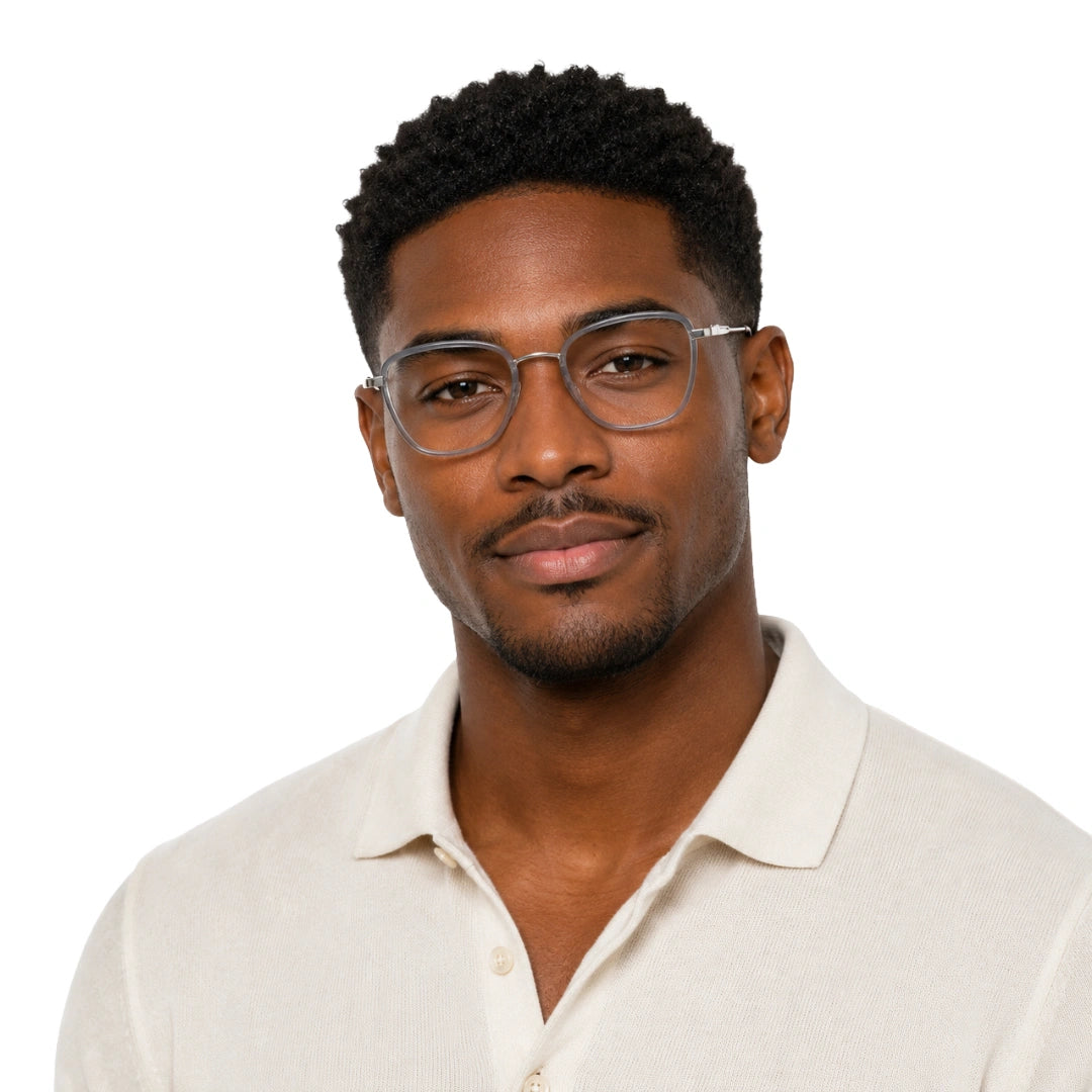 Man wearing College Fashion 66109 modern square prescription eyeglasses in grey, front view