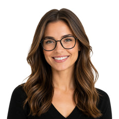 Woman wearing College Fashion 66109 modern square prescription eyeglasses in gunmetal and black