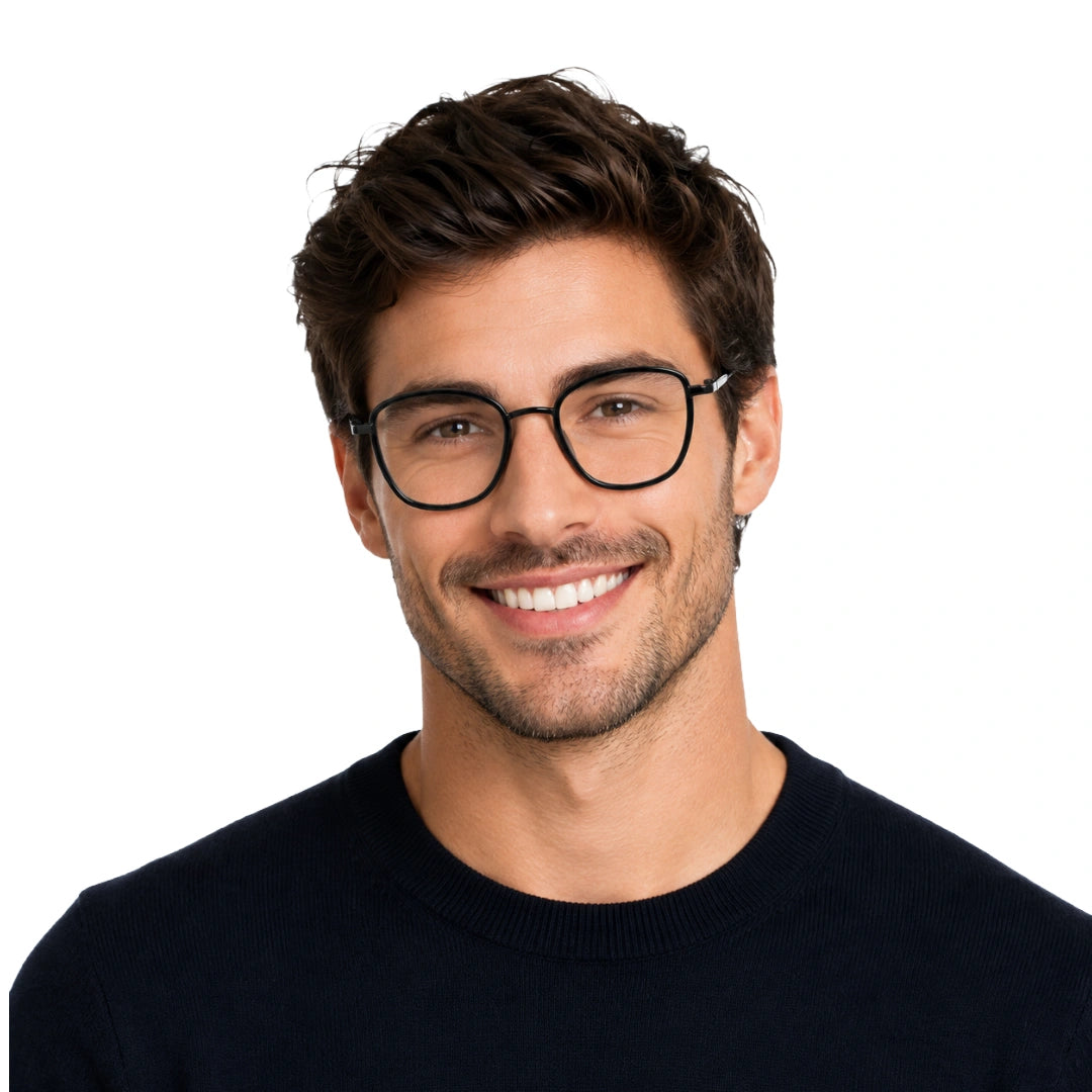 Man wearing College Fashion 66109 modern square prescription eyeglasses in gunmetal and black