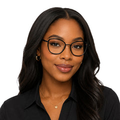 Woman wearing College Fashion 66109 modern square prescription eyeglasses in gunmetal and black, front view