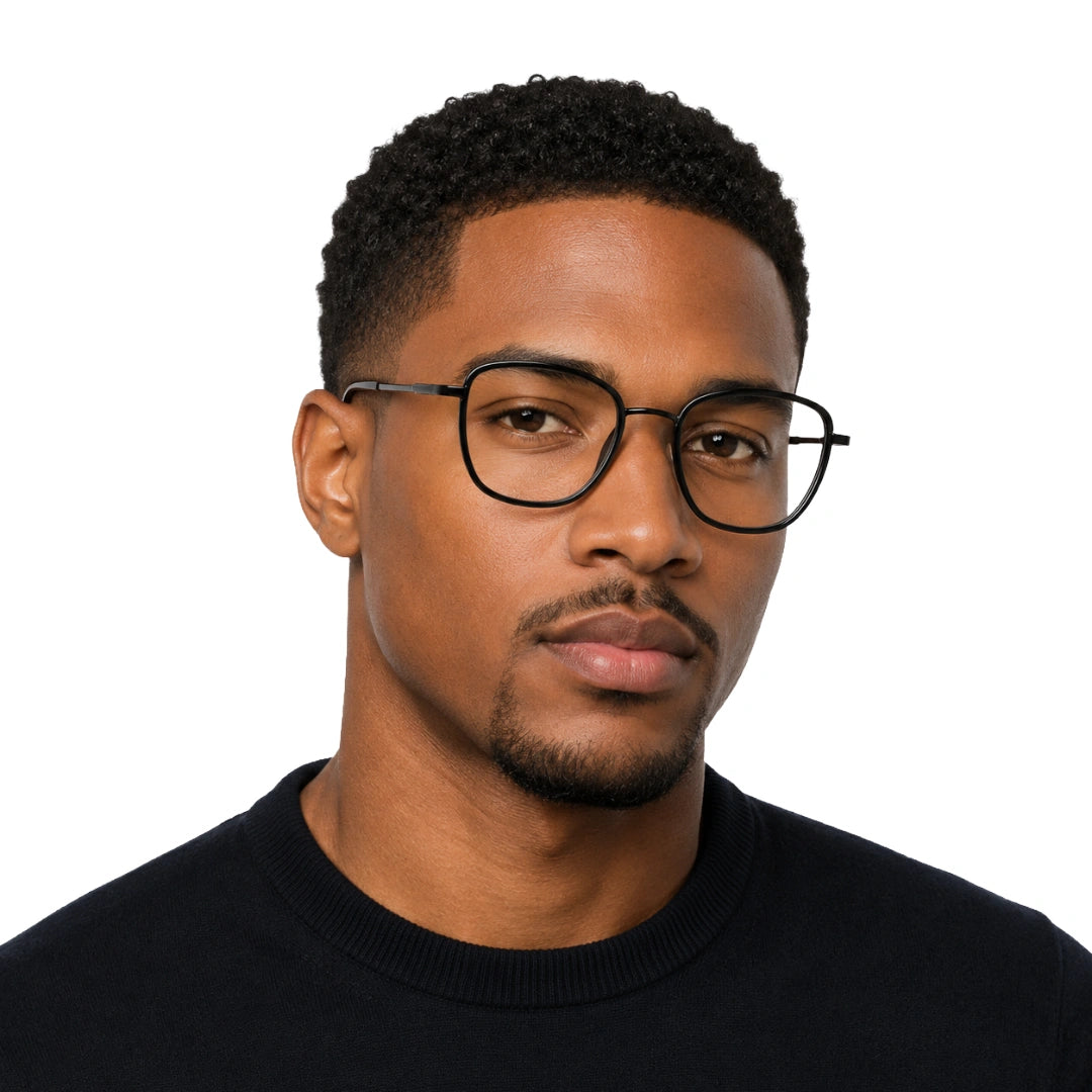 Man wearing College Fashion 66109 modern square prescription eyeglasses in gunmetal and black, front view