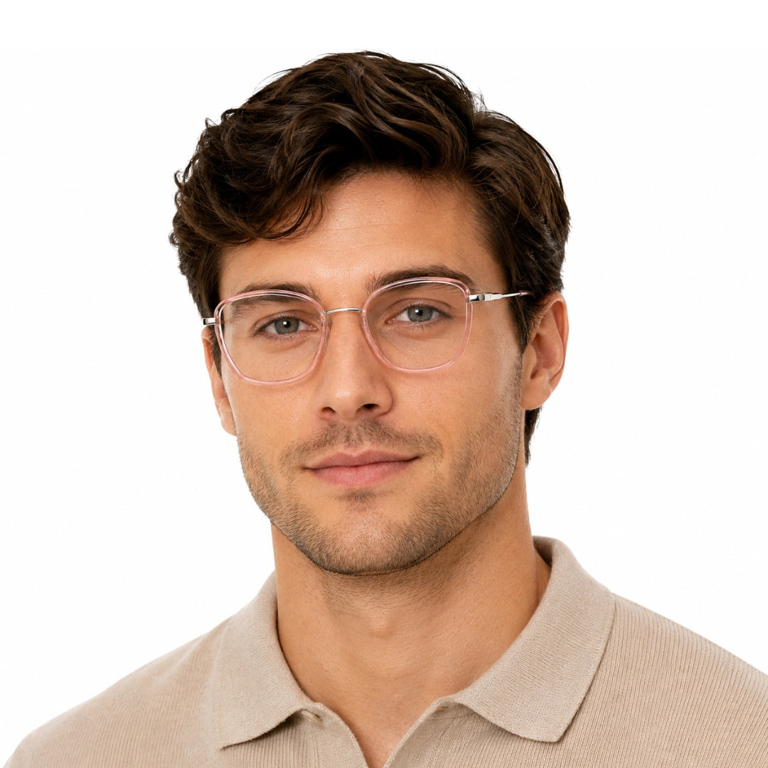 Man wearing College Fashion 66109 modern square prescription eyeglasses in pink