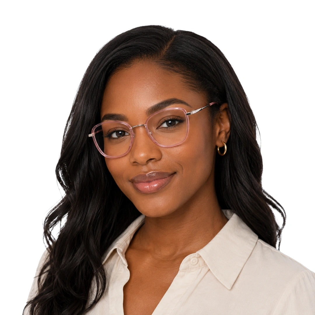 Woman wearing College Fashion 66109 modern square prescription eyeglasses in pink, front view