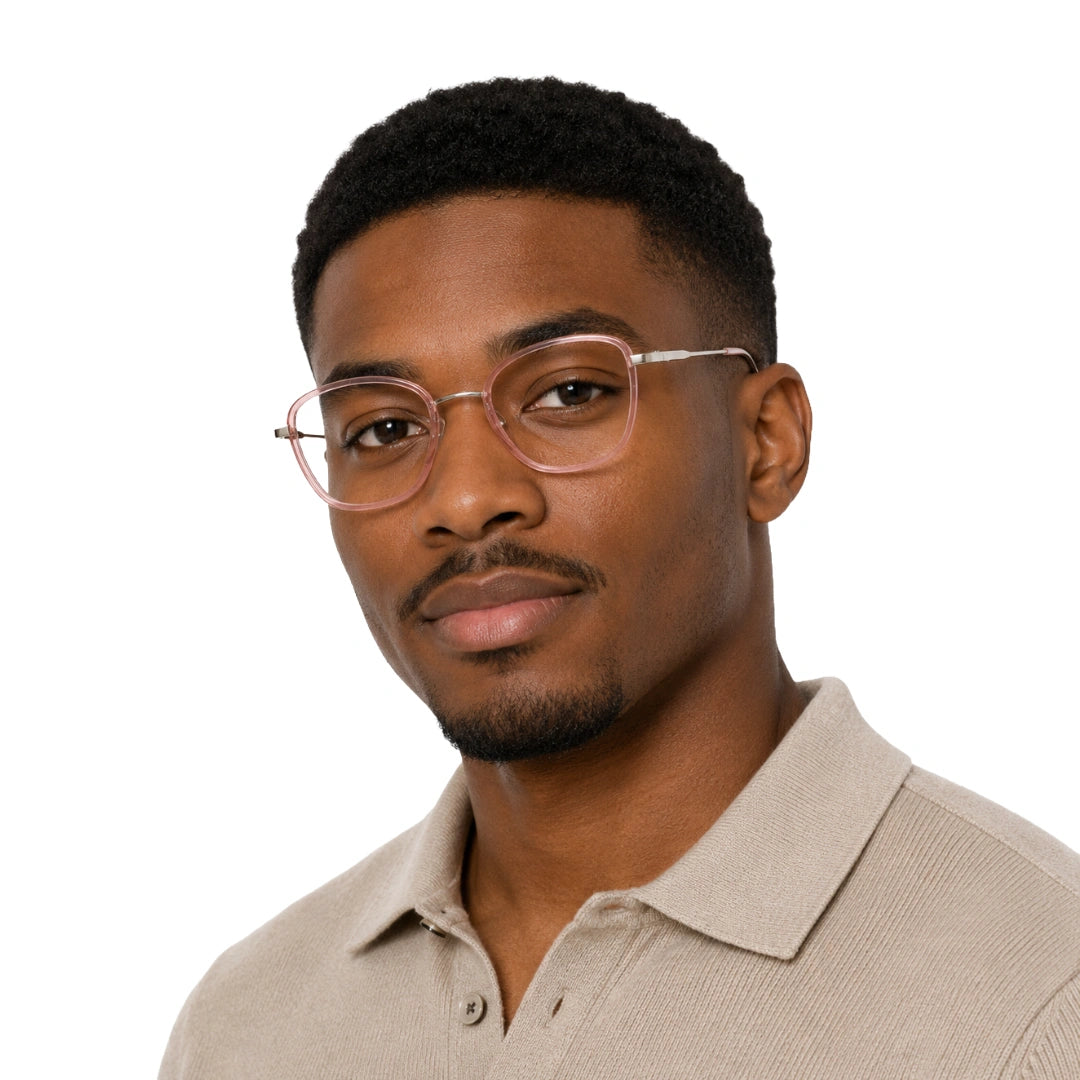 Man wearing College Fashion 66109 modern square prescription eyeglasses in pink, front view