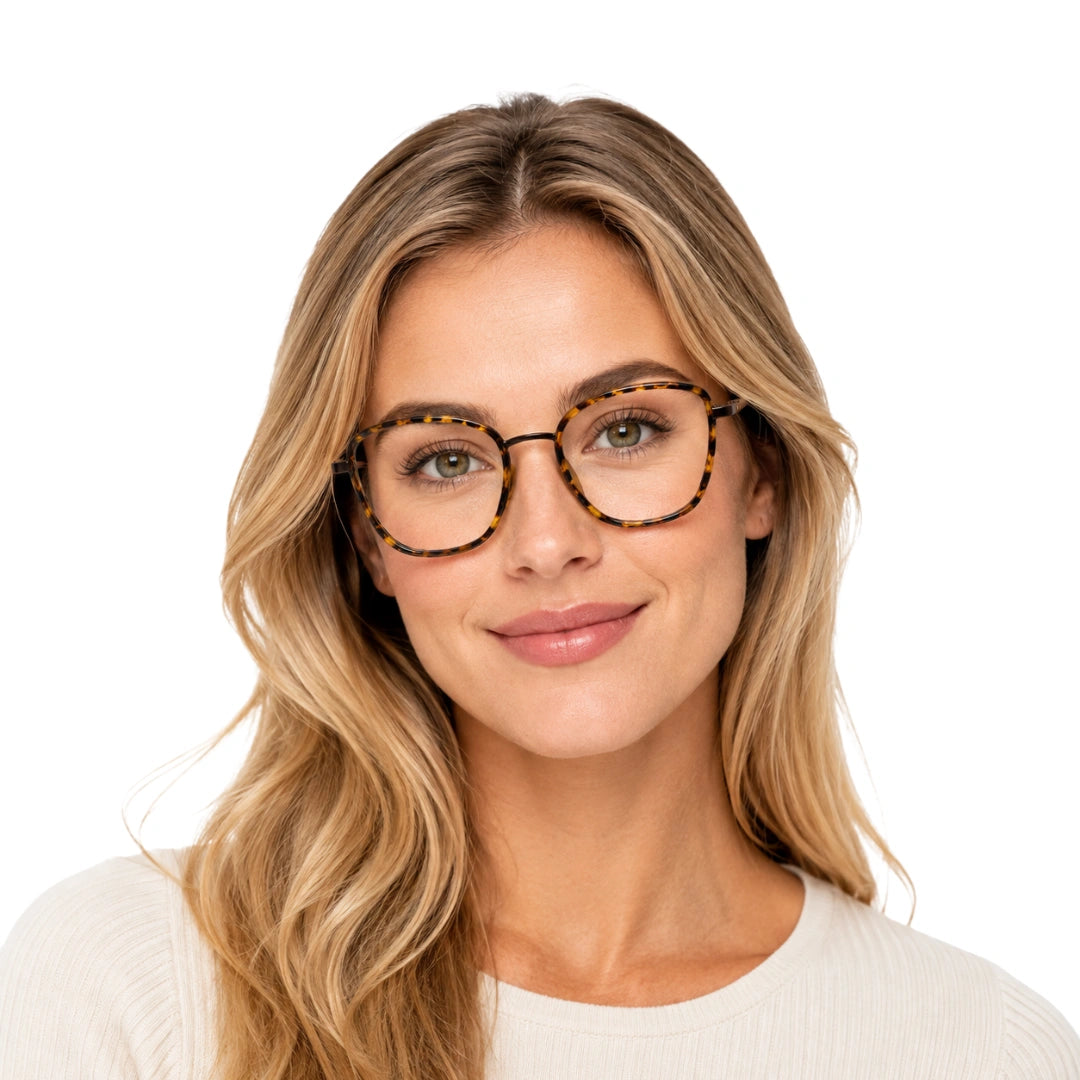 Woman wearing College Fashion 66109 modern square prescription eyeglasses in tortoise shell