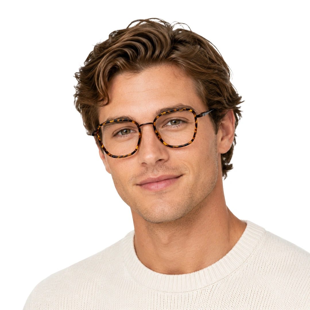 Man wearing College Fashion 66109 modern square prescription eyeglasses in tortoise shell