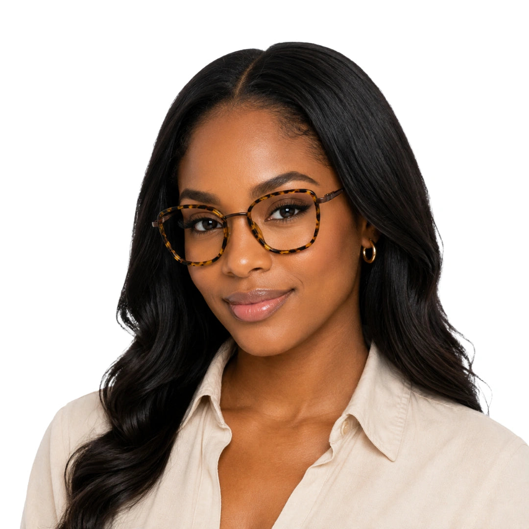 Woman wearing College Fashion 66109 modern square prescription eyeglasses in tortoise shell, front view