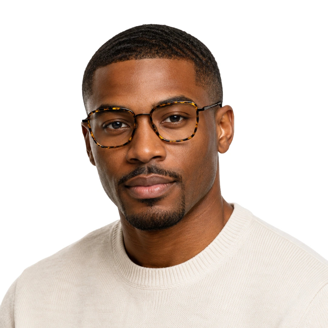 Man wearing College Fashion 66109 modern square prescription eyeglasses in tortoise shell, front view