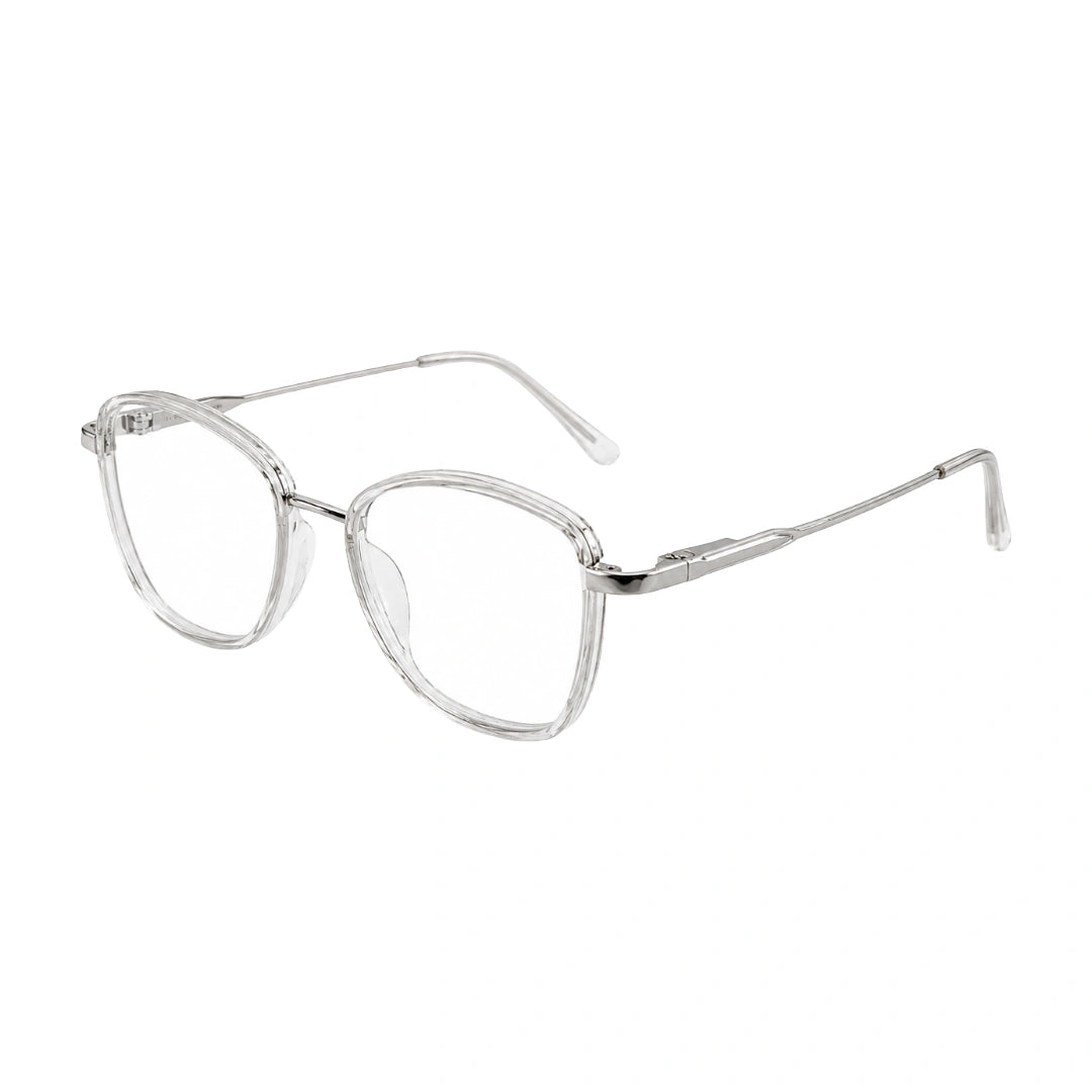 College Fashion 66109 modern square prescription eyeglasses in transparent, three-quarter angled view
