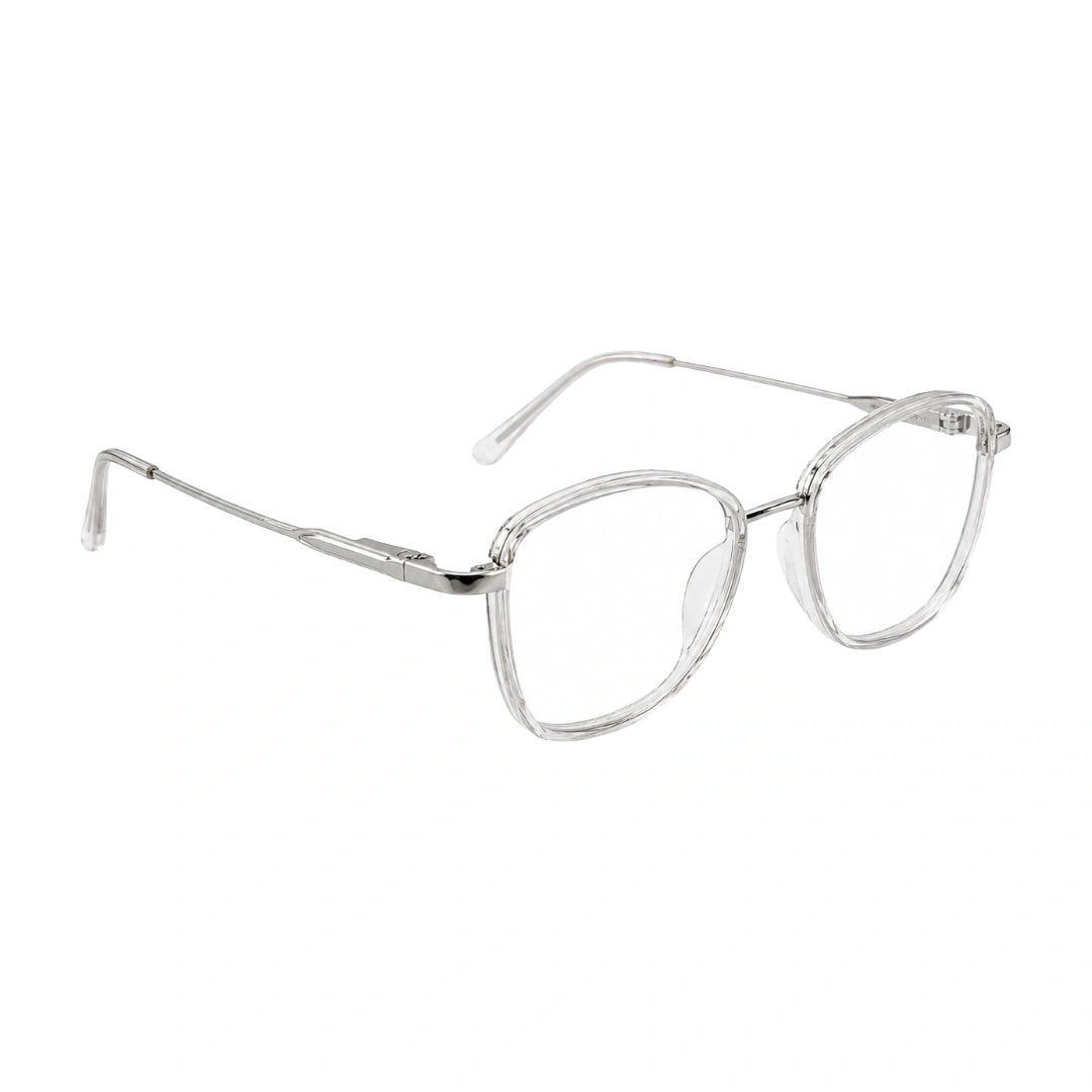 College Fashion 66109 modern square prescription eyeglasses in transparent, angled view
