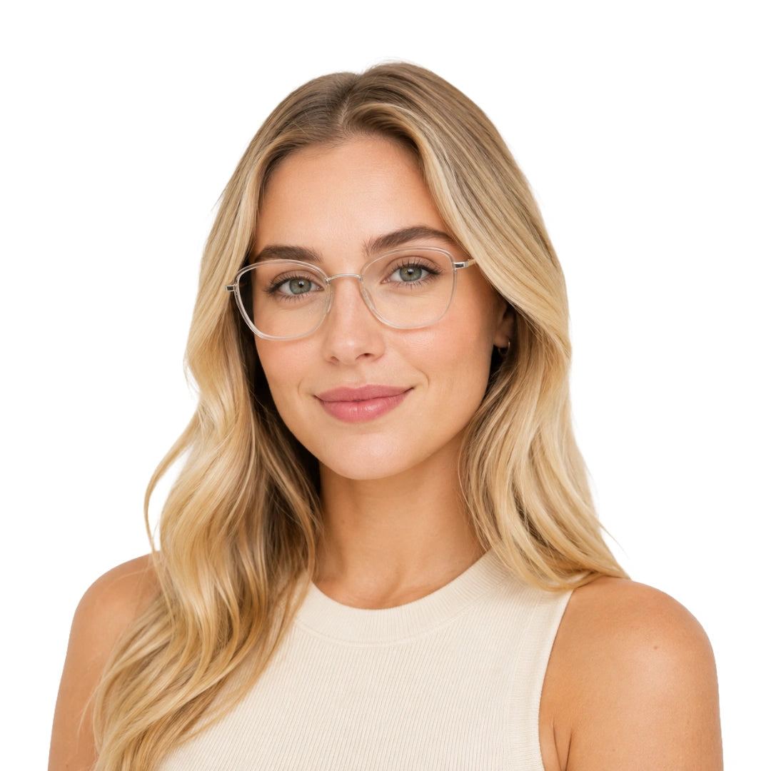 Woman wearing College Fashion 66109 modern square prescription eyeglasses in transparent