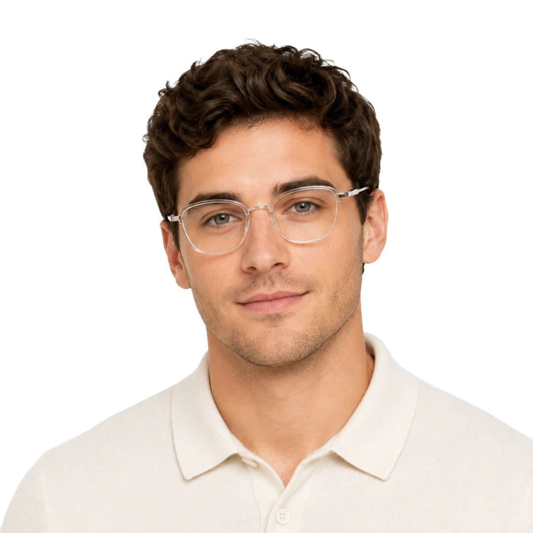 Man wearing College Fashion 66109 modern square prescription eyeglasses in transparent