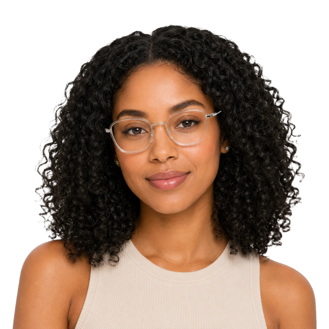 Woman wearing College Fashion 66109 modern square prescription eyeglasses in transparent, front view