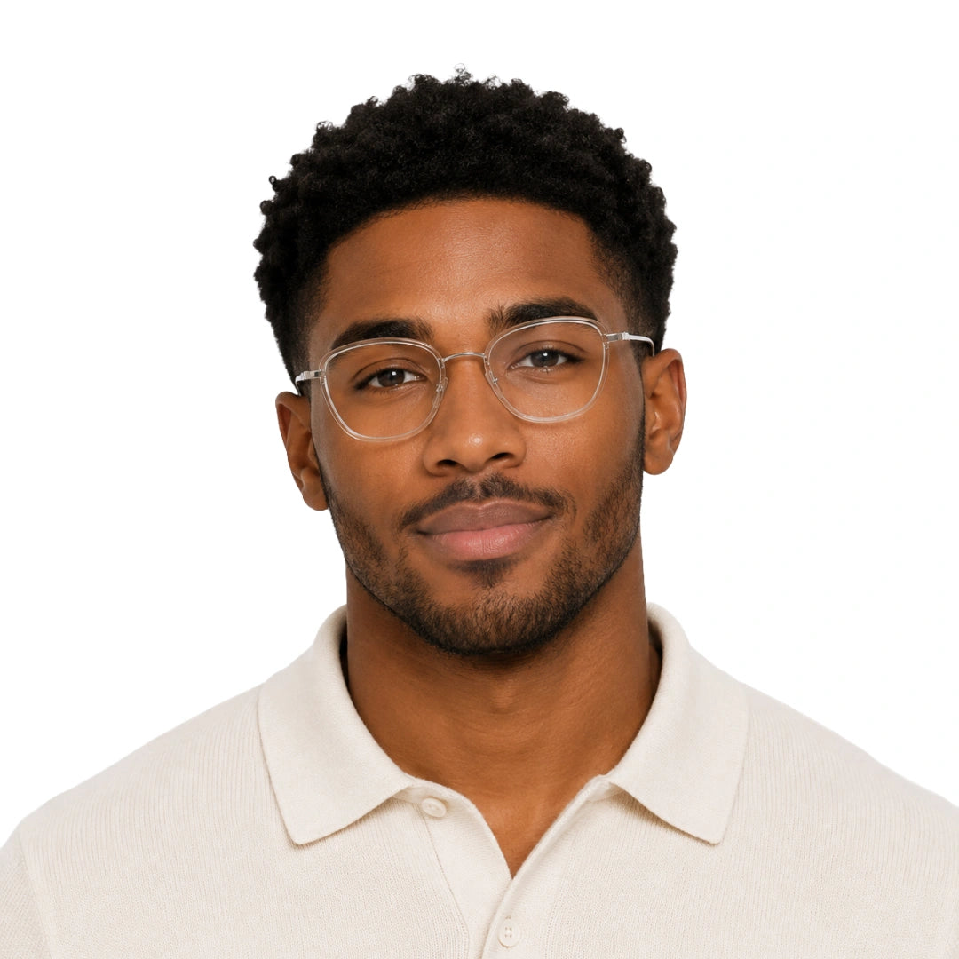Man wearing College Fashion 66109 modern square prescription eyeglasses in transparent, front view