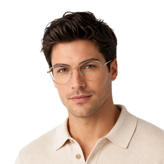 Man wearing College Fashion 66110 sculpted brow cat-eye optical frame in beige