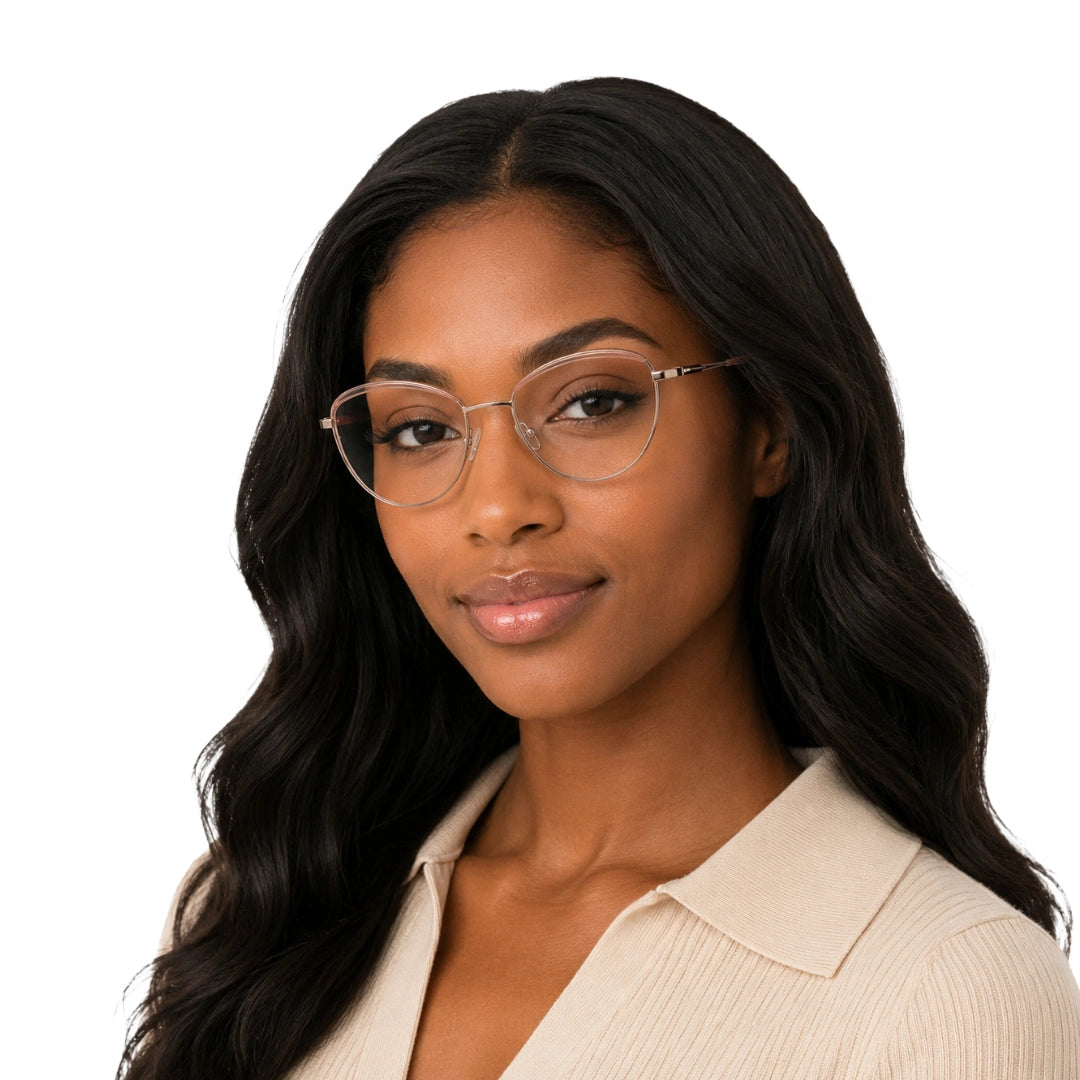 Woman wearing College Fashion 66110 sculpted brow cat-eye optical frame in beige, front view
