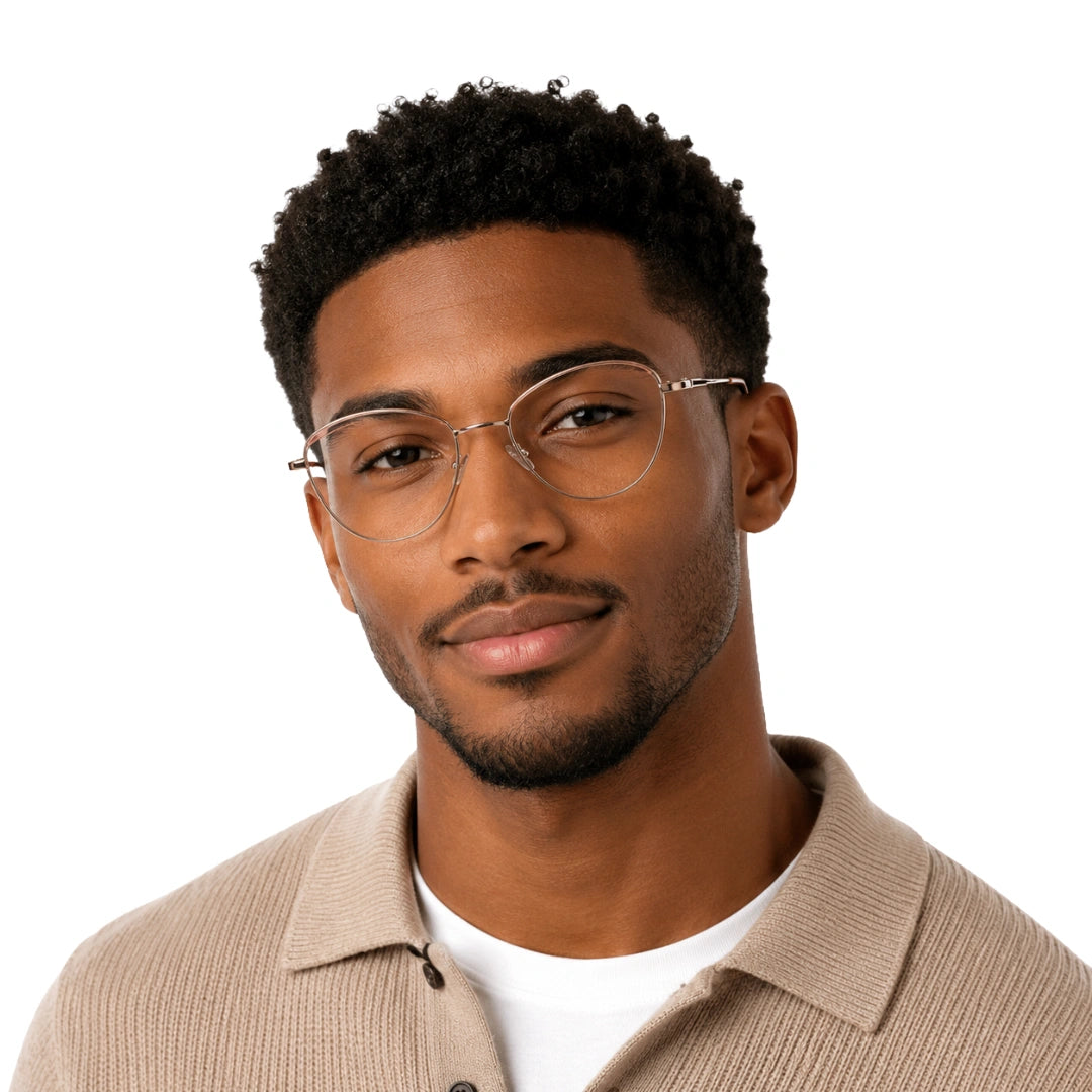 Man wearing College Fashion 66110 sculpted brow cat-eye optical frame in beige, front view