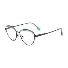 College Fashion 66110 sculpted brow cat-eye optical frame in blue and gunmetal, three-quarter angled view