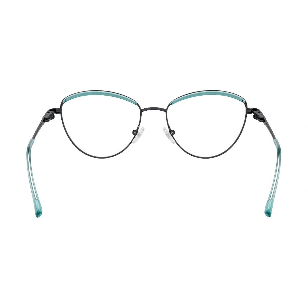 College Fashion 66110 sculpted brow cat-eye optical frame in blue and gunmetal, rear view