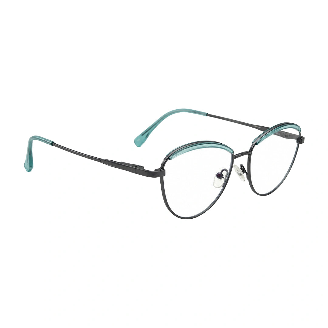 College Fashion 66110 sculpted brow cat-eye optical frame in blue and gunmetal, angled view