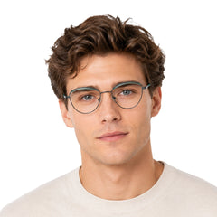 Man wearing College Fashion 66110 sculpted brow cat-eye optical frame in blue and gunmetal