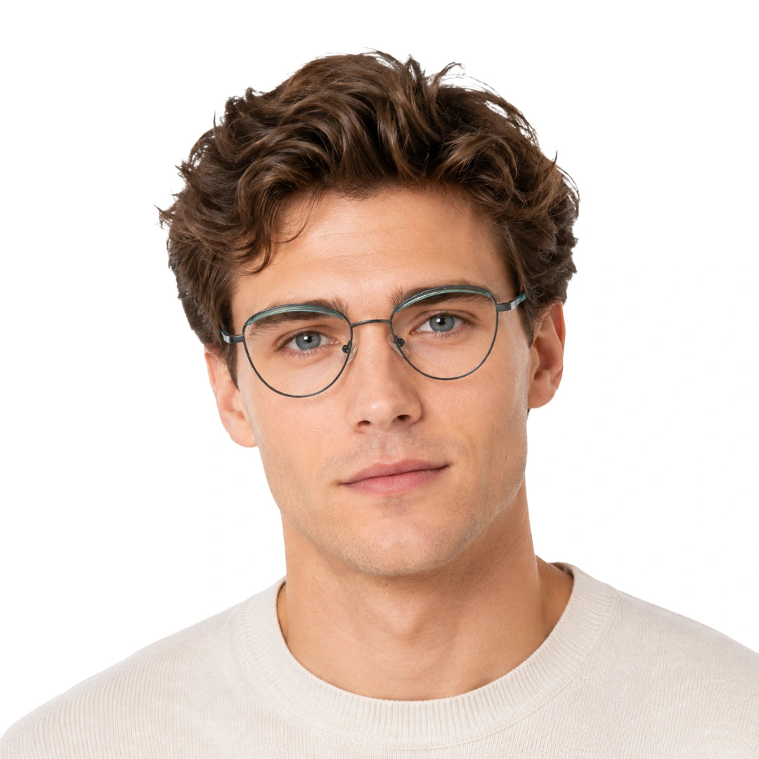 Man wearing College Fashion 66110 sculpted brow cat-eye optical frame in blue and gunmetal