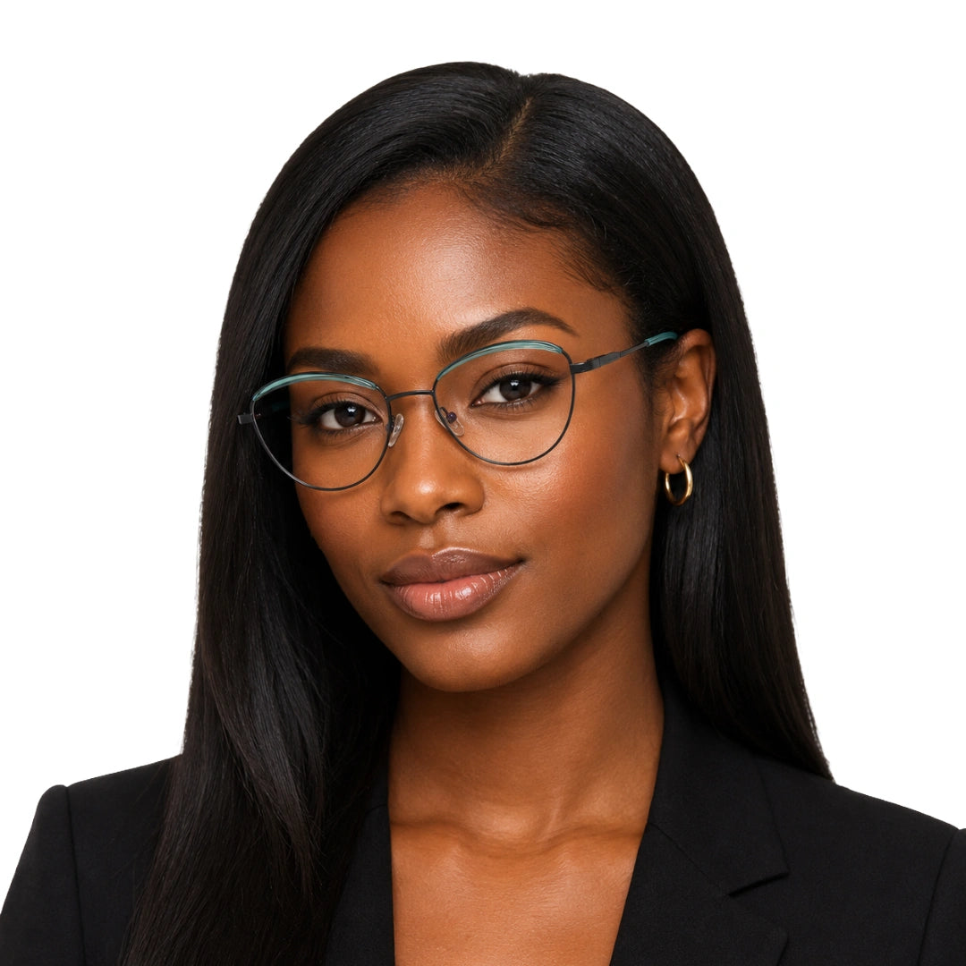 Woman wearing College Fashion 66110 sculpted brow cat-eye optical frame in blue and gunmetal, front view