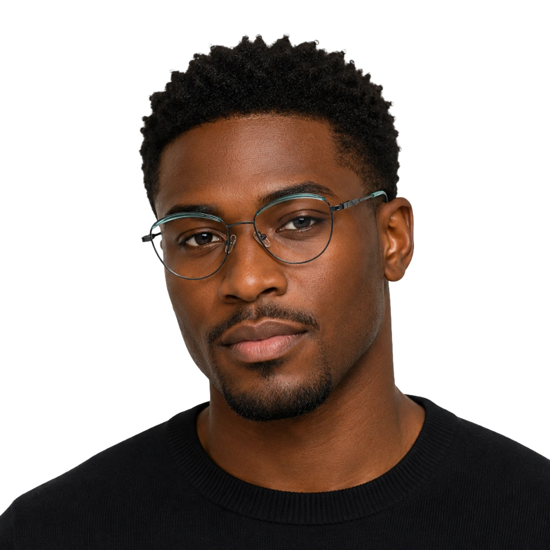 Man wearing College Fashion 66110 sculpted brow cat-eye optical frame in blue and gunmetal, front view