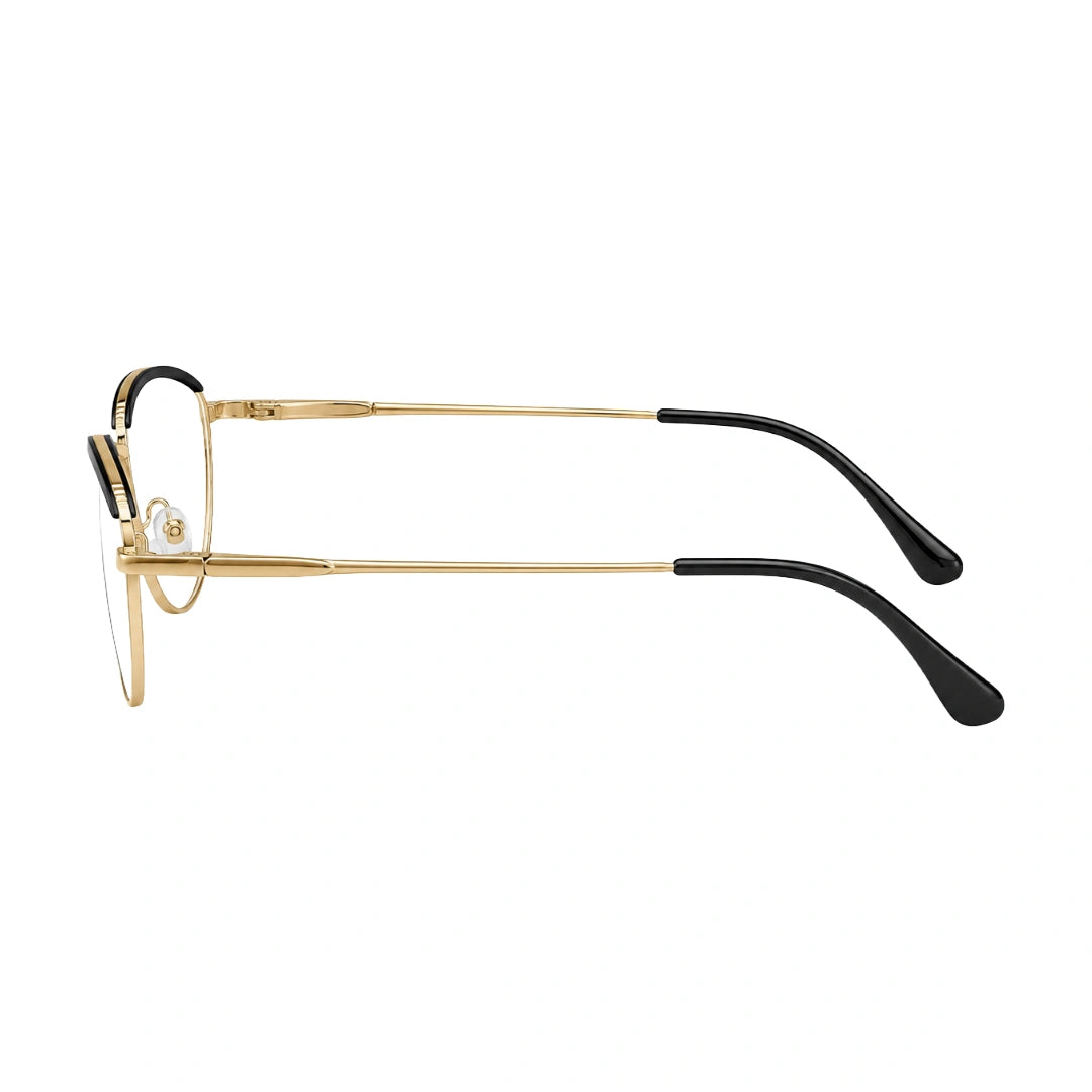 College Fashion 66110 sculpted brow cat-eye optical frame in gold and black, side profile view