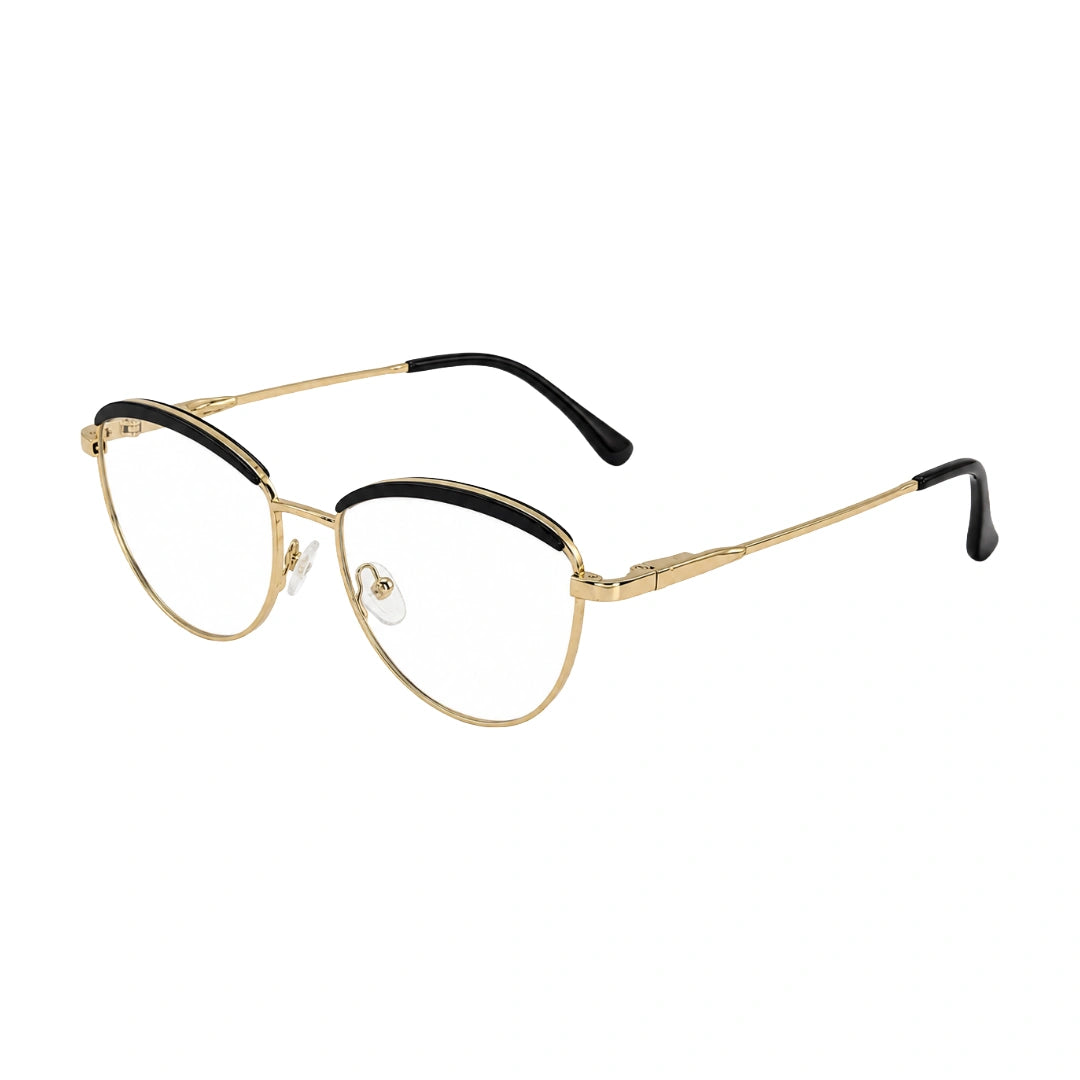 College Fashion 66110 sculpted brow cat-eye optical frame in gold and black, three-quarter angled view