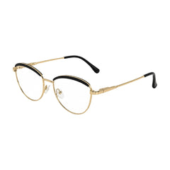 College Fashion 66110 sculpted brow cat-eye optical frame in gold and black, three-quarter angled view