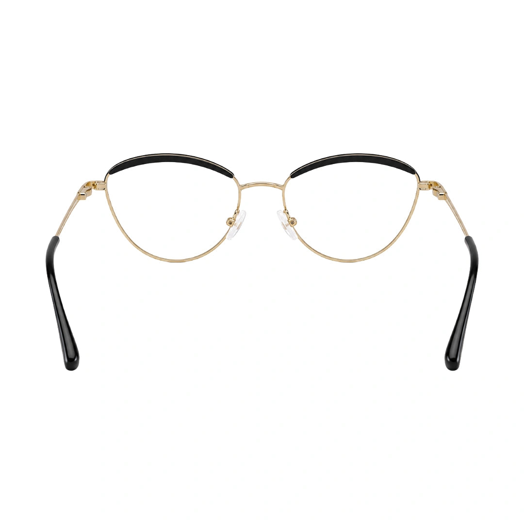 College Fashion 66110 sculpted brow cat-eye optical frame in gold and black, rear view