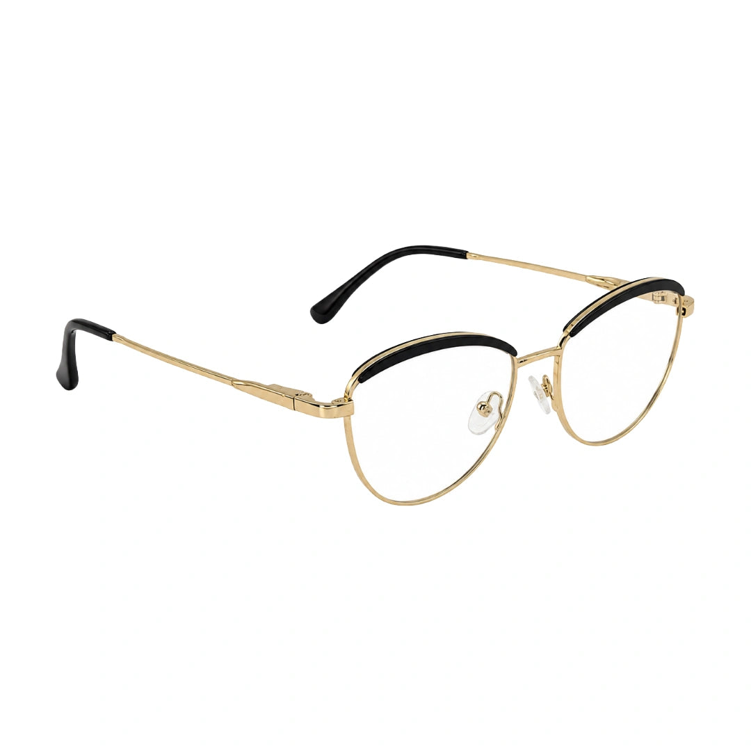 College Fashion 66110 sculpted brow cat-eye optical frame in gold and black, angled view