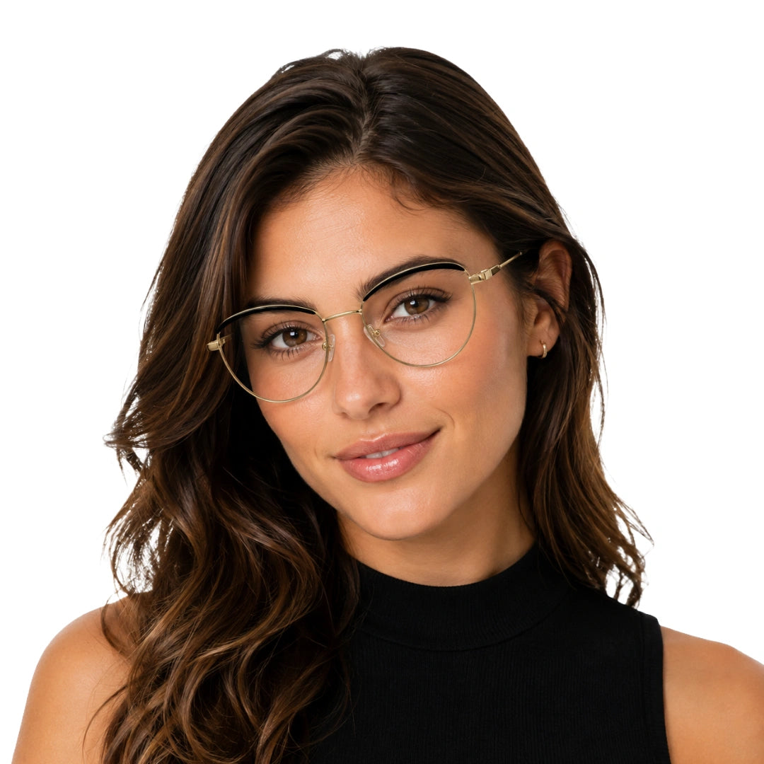 Woman wearing College Fashion 66110 sculpted brow cat-eye optical frame in gold and black