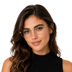 Woman wearing College Fashion 66110 sculpted brow cat-eye optical frame in gold and black