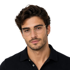 Man wearing College Fashion 66110 sculpted brow cat-eye optical frame in gold and black