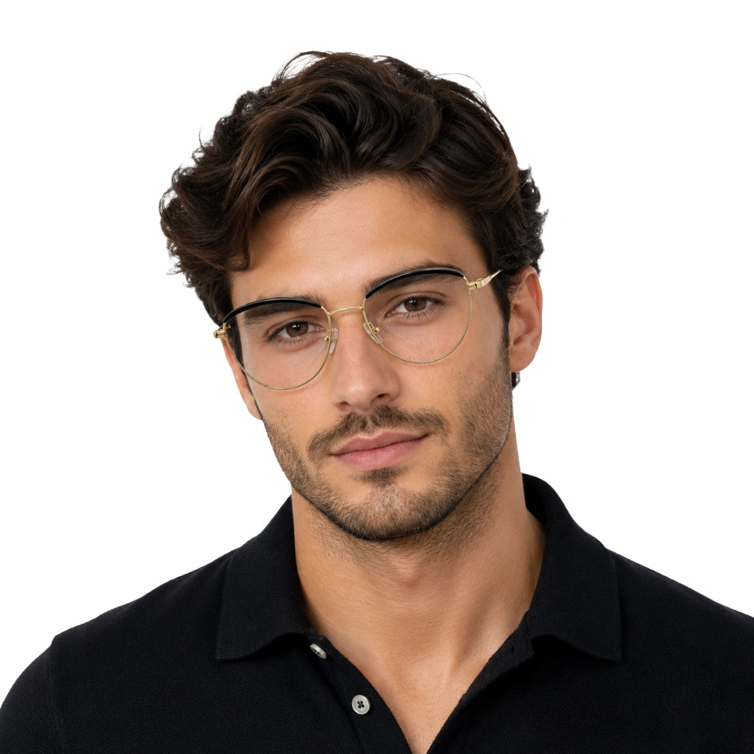 Man wearing College Fashion 66110 sculpted brow cat-eye optical frame in gold and black