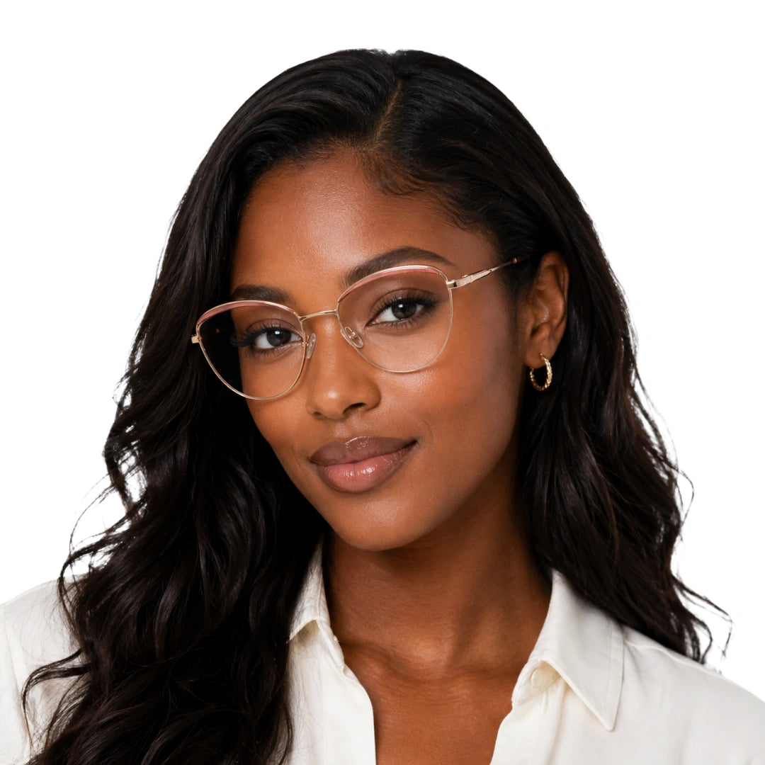 Woman wearing College Fashion 66110 sculpted brow cat-eye optical frame in gold and black, front view