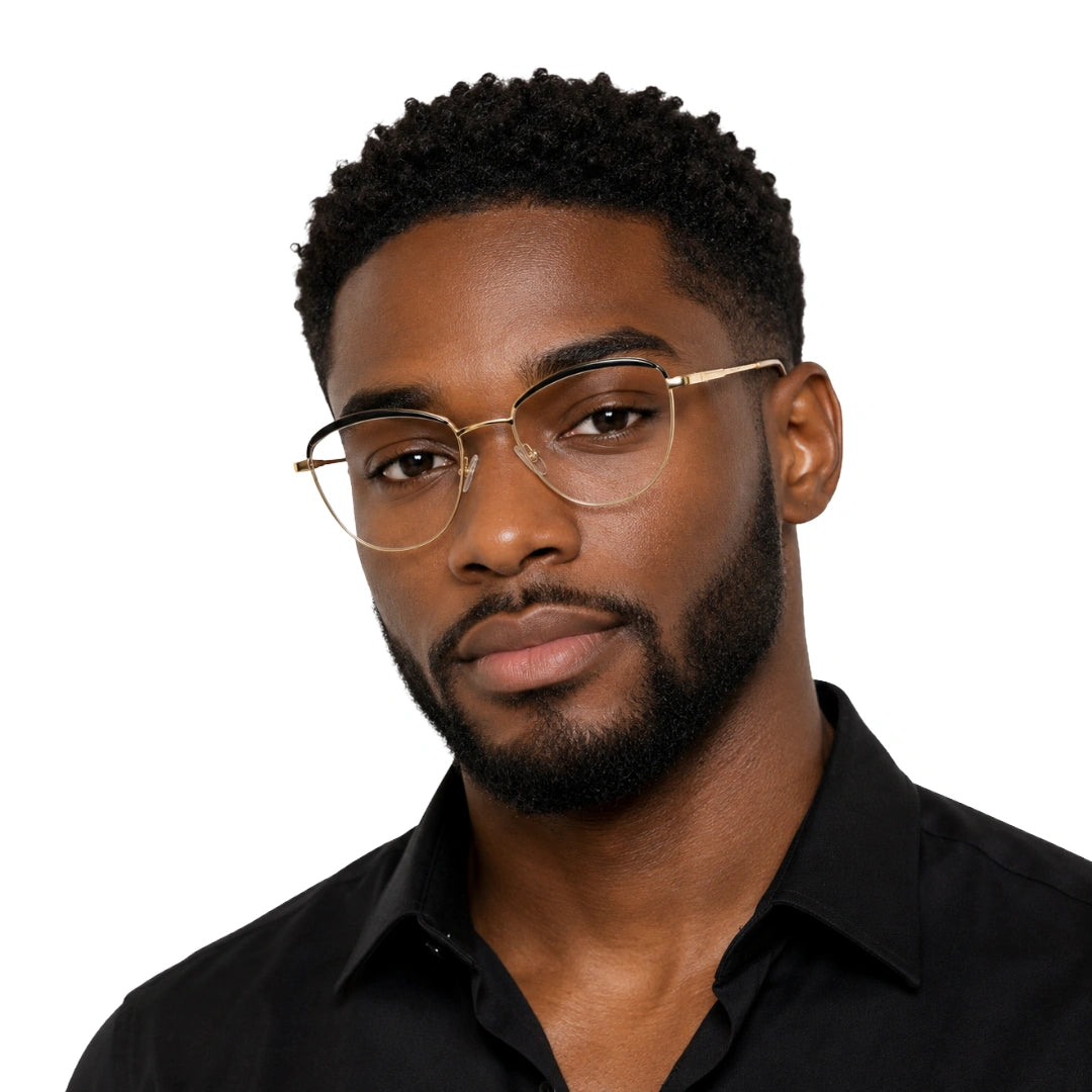 Man wearing College Fashion 66110 sculpted brow cat-eye optical frame in gold and black, front view