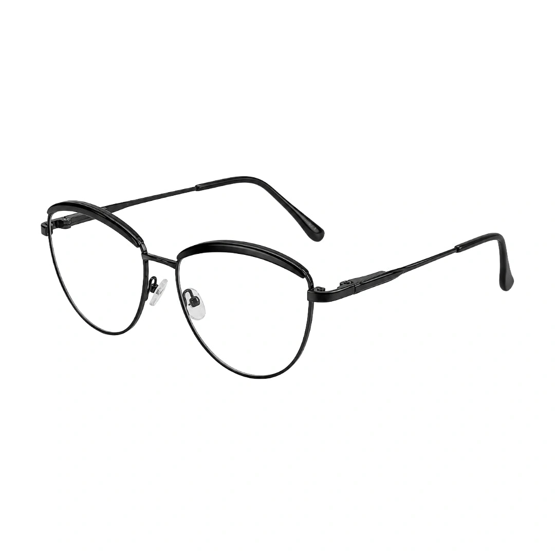 College Fashion 66110 sculpted brow cat-eye optical frame in glossy black, three-quarter angled view